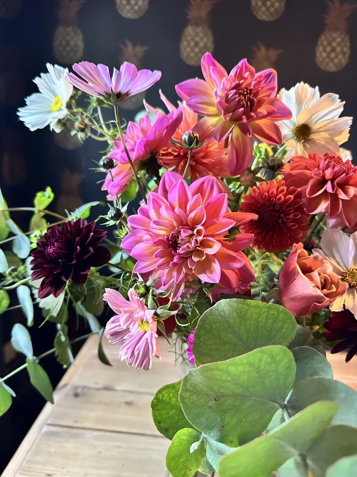 Buckets of seasonal dahlias and foliage from the cutting garden